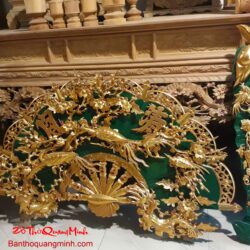 Quạt thờ gỗ mít lõi chạm khắc Mai điểu sơn son thếp vàng
