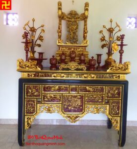 Mẫu bàn thờ đẹp chạm Ngũ Phúc cùng ngai thờ Rồng đẹp