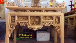 Mẫu bàn thờ ô xa chạm Rồng cuốn thủy chưa sơn đẹp nhất