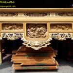 Mẫu bàn thờ ô xa chạm tứ linh hóa – có lồng kính cùng khám thờ gỗ đẹp