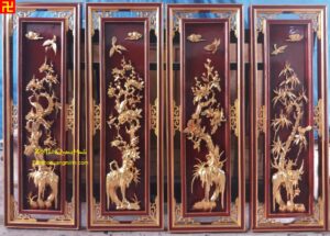 Mẫu tranh tứ quý đẹp gỗ vàng tâm chạm khắc cực đẹp