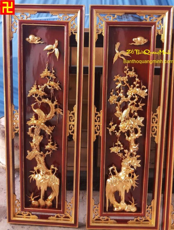 Cặp bức tranh Tùng Mai sơn son thếp bạc phủ hoàng kim đẹp