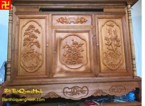 Mẫu tủ thờ giá rẻ chạm Thông Chúc Cúc Mai gỗ gụ đẹp nhất