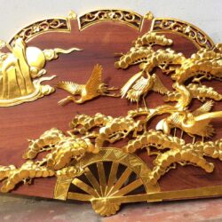 Mẫu quạt gỗ gụ, gỗ hương, gỗ mít chạm Tùng Hạc sơn Pu, dát vàng 9999