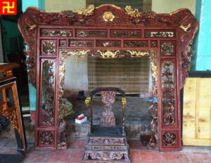 Mẫu thiều châu gỗ chạm Tứ Linh hoa sơn giả cổ dát điểm vàng 9999 đẹp