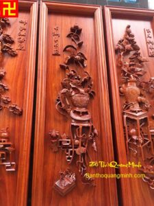 Bức tranh tứ bình chạm Bình Sen đẹp - tranh tứ bình gỗ hương đẹp