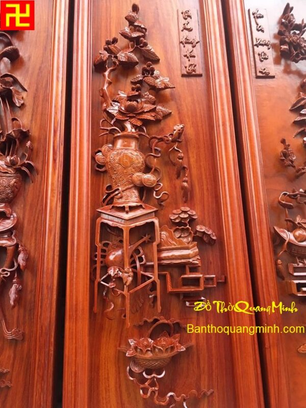 Tranh tứ bình chạm Mai Hồng Sen Tùng đẹp