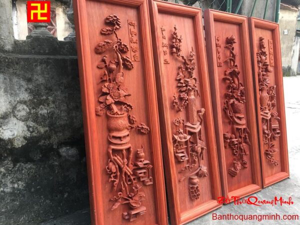 Mẫu tranh tứ bình đẹp chạm Mai Sen Cúc Chúc