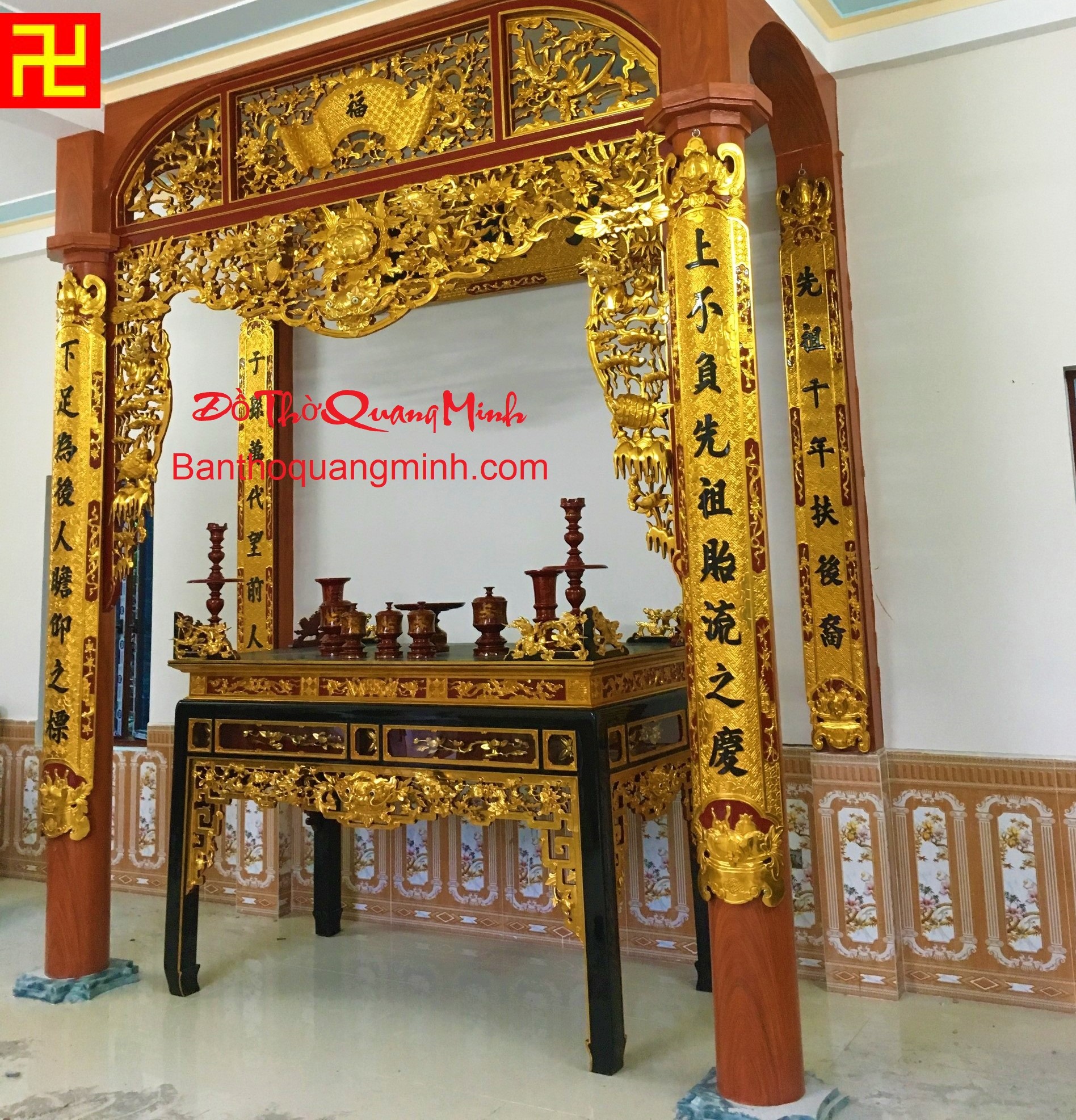 Hoành phi - câu đối bằng gỗ chạm nền gấm chữ vạn đẹp nhất