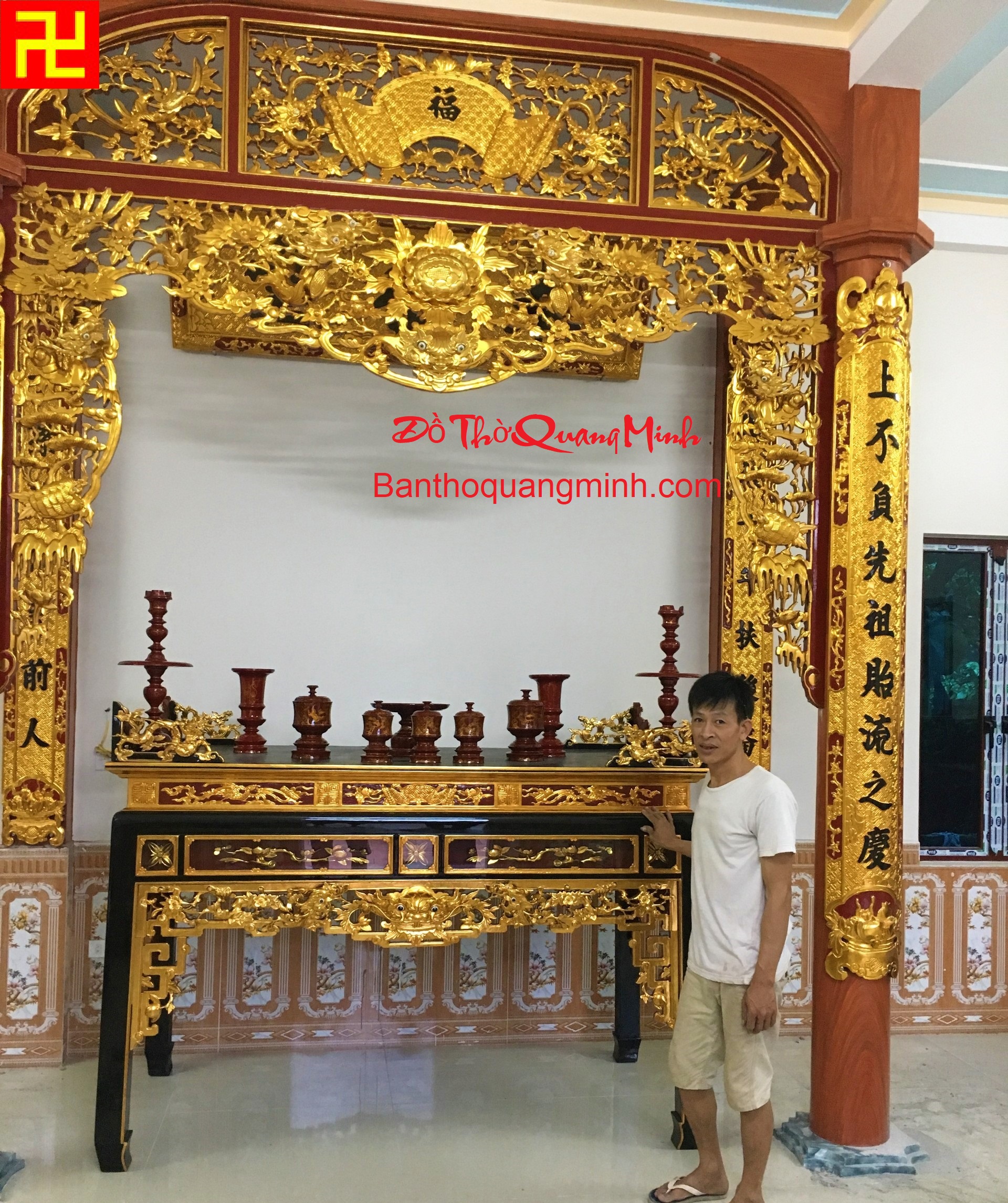Mẫu án gian thờ khung then đen chạm tay hàng sắc nét đẹp