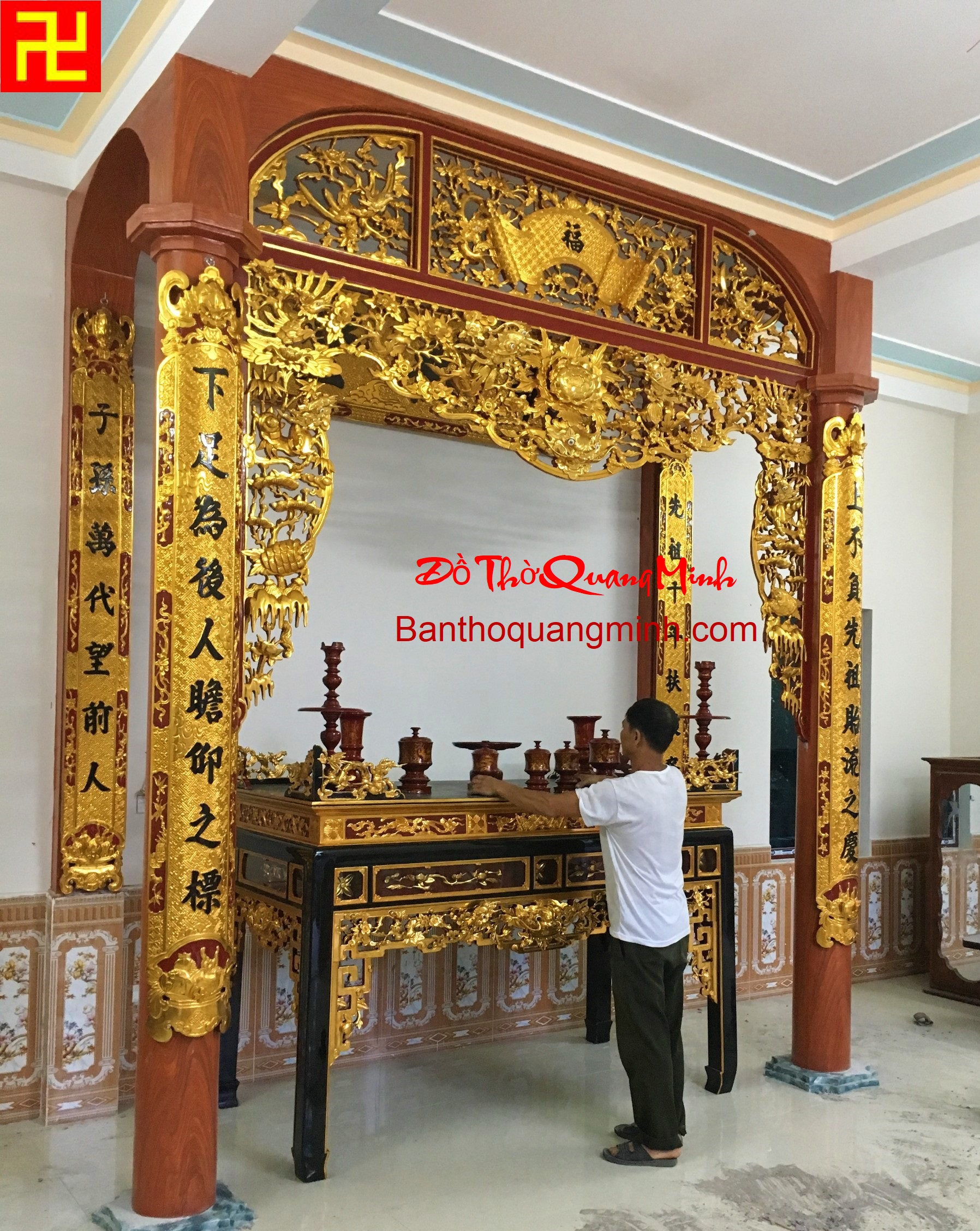 Mẫu cửa võng thờ bằng gỗ chạm tứ linh hóa tứ quý sơn son thếp bạc đẹp nhất